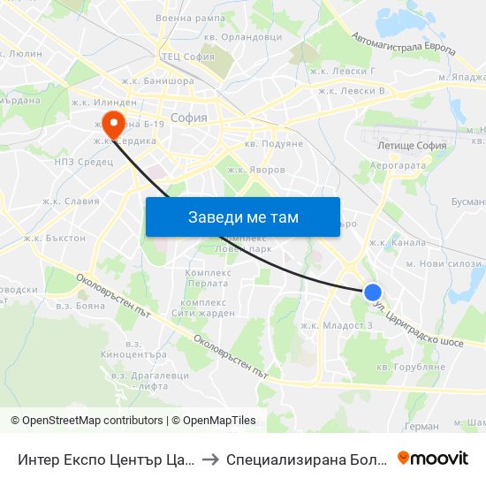 Интер Експо Център Цариградско Шосе / Inter Expo Center – Tsarigradsko Shose to Специализирана Болница За деца С Церабрална Парализа "Света София" map