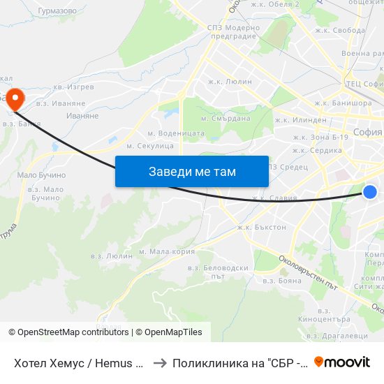 Хотел Хемус / Hemus Hotel (2329) to Поликлиника на "СБР - НК" - Банкя map