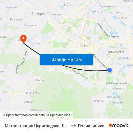 Метростанция Цариградско Шосе / Tsarigradsko Shosse Metro Station (1016) to Поликлиника на "СБР - НК" - Банкя map