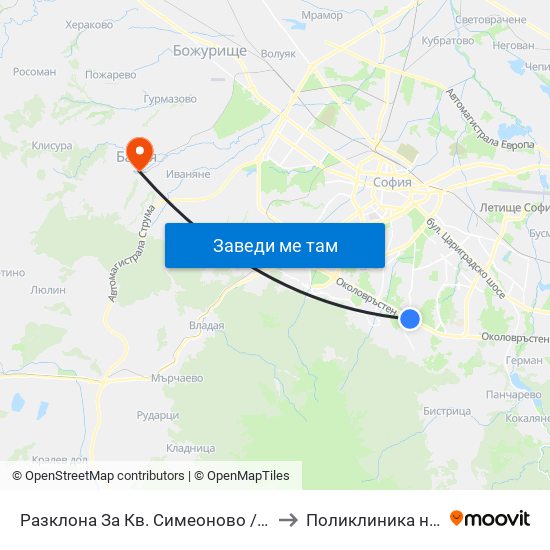 Разклона За Кв. Симеоново / Fork Road To Simeonovo Qr. (1459) to Поликлиника на "СБР - НК" - Банкя map