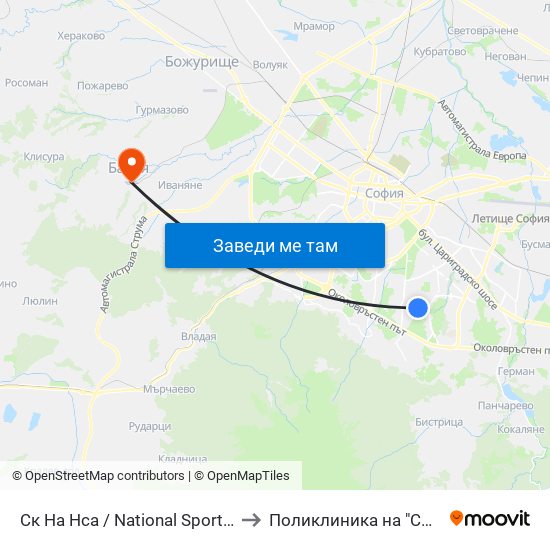 Ск На Нса / National Sports Academy (1609) to Поликлиника на "СБР - НК" - Банкя map