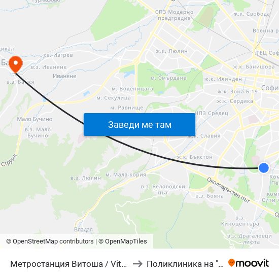 Метростанция Витоша / Vitosha Metro Station (2654) to Поликлиника на "СБР - НК" - Банкя map