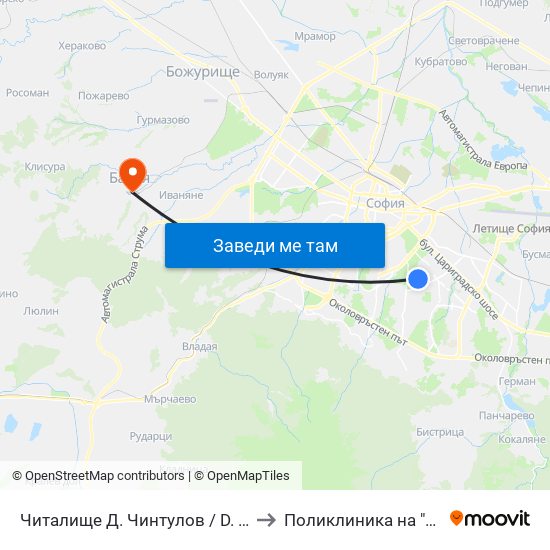 Читалище Д. Чинтулов / D. Chintulov Library (2366) to Поликлиника на "СБР - НК" - Банкя map