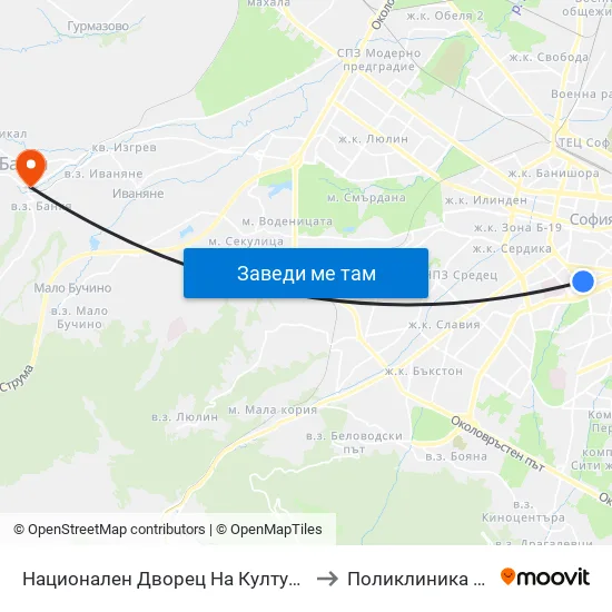 Ⓜ️ Национален Дворец На Културата / National Palace Of Culture (1139) to Поликлиника на "СБР - НК" - Банкя map