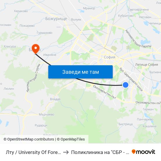 Лту / University Of Forestry (0614) to Поликлиника на "СБР - НК" - Банкя map