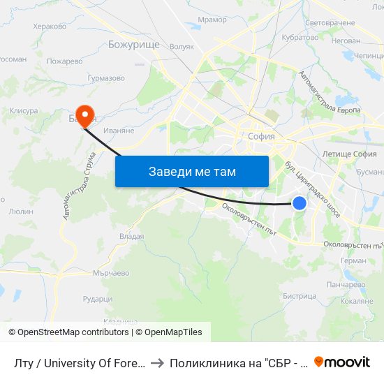 Лту / University Of Forestry (0617) to Поликлиника на "СБР - НК" - Банкя map