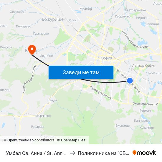 Умбал Св. Анна / St. Anna Hospital (1196) to Поликлиника на "СБР - НК" - Банкя map