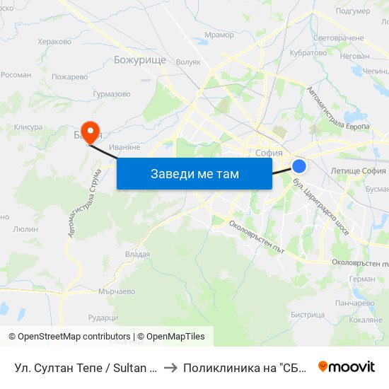 Ул. Султан Тепе / Sultan Tepe St. (2194) to Поликлиника на "СБР - НК" - Банкя map