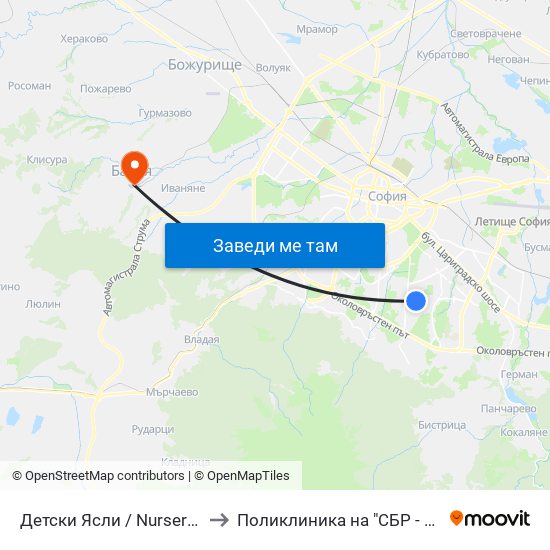 Детски Ясли / Nurseries (0534) to Поликлиника на "СБР - НК" - Банкя map