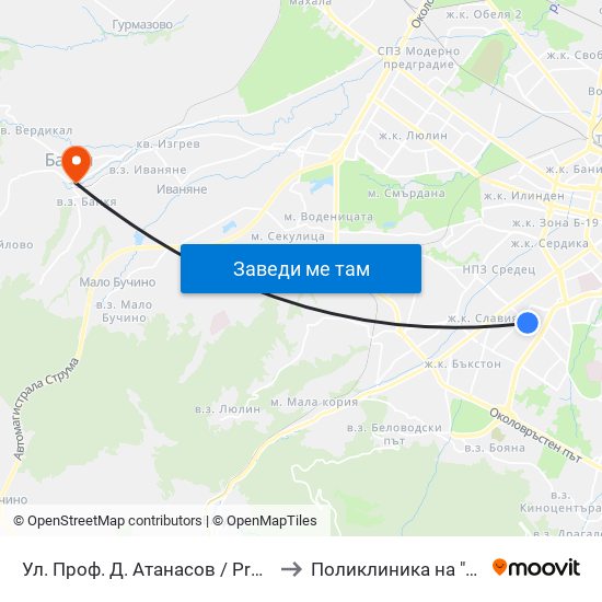 Ул. Проф. Д. Атанасов / Prof. D. Atanasov St. (2134) to Поликлиника на "СБР - НК" - Банкя map