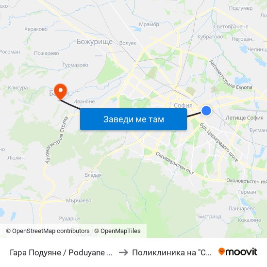 Гара Подуяне / Poduyane Train Station (0468) to Поликлиника на "СБР - НК" - Банкя map