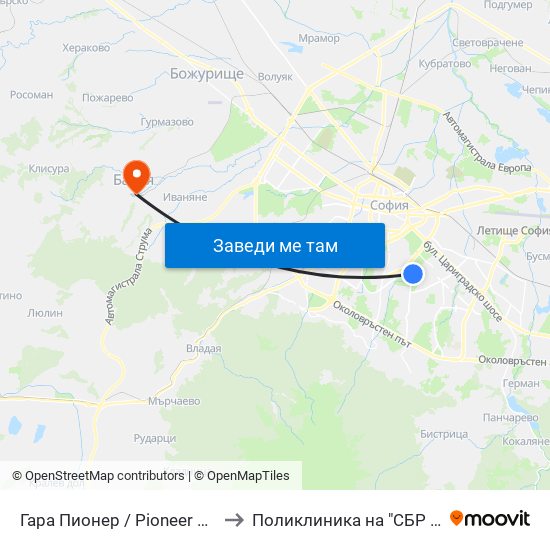 Гара Пионер / Pioneer Station (0465) to Поликлиника на "СБР - НК" - Банкя map