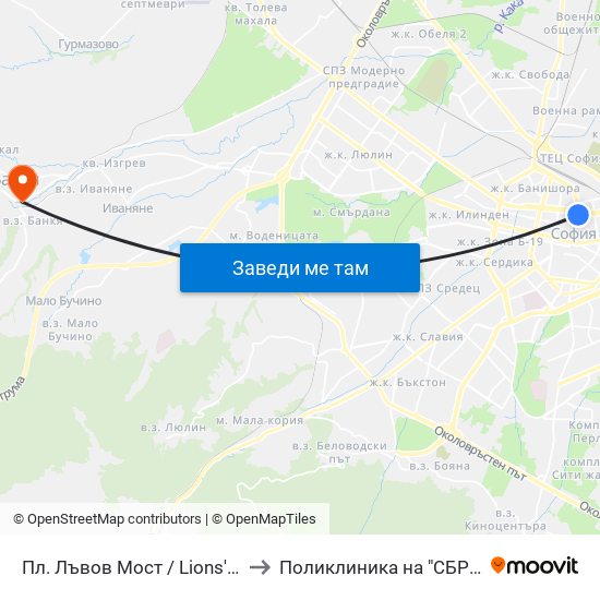 Пл. Лъвов Мост / Lions' Bridge (1276) to Поликлиника на "СБР - НК" - Банкя map