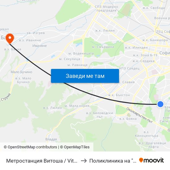 Метростанция Витоша / Vitosha Metro Station (2756) to Поликлиника на "СБР - НК" - Банкя map