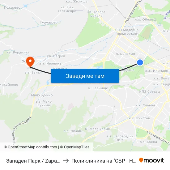 Западен Парк / Zapaden Park to Поликлиника на "СБР - НК" - Банкя map