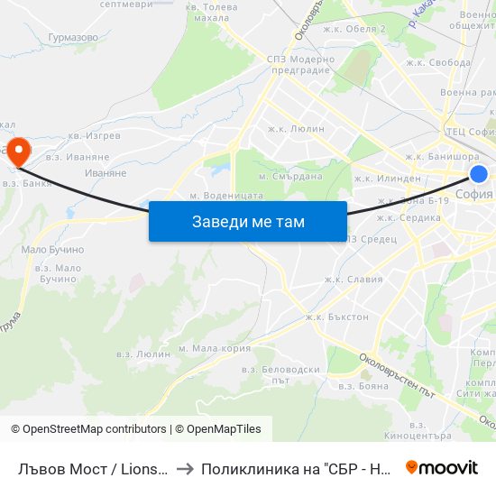 Лъвов Мост / Lions' Bridge to Поликлиника на "СБР - НК" - Банкя map