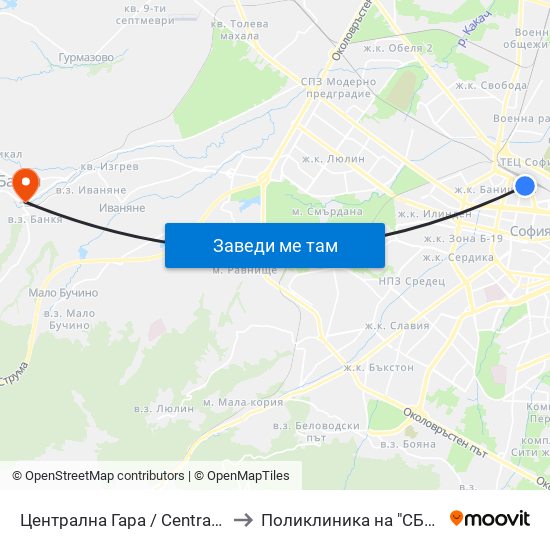 Централна Гара / Central Railway Station to Поликлиника на "СБР - НК" - Банкя map