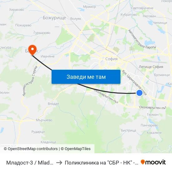Младост 3 / Mladost 3 to Поликлиника на "СБР - НК" - Банкя map