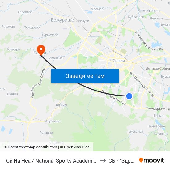 Ск На Нса / National Sports Academy (1609) to СБР "Здраве" map