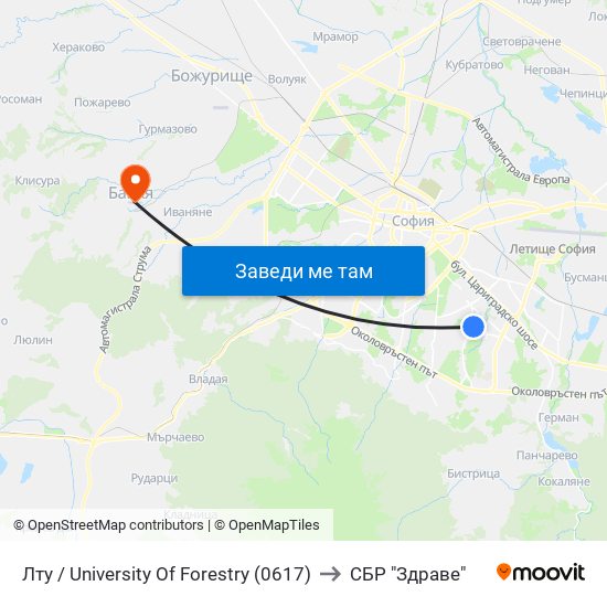 Лту / University Of Forestry (0617) to СБР "Здраве" map