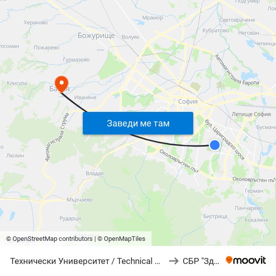 Технически Университет / Technical University (1743) to СБР "Здраве" map