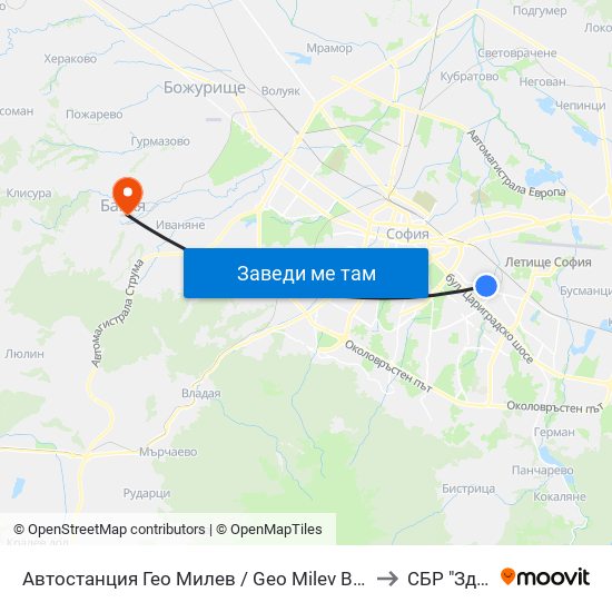 Автостанция Гео Милев / Geo Milev Bus Station (0052) to СБР "Здраве" map