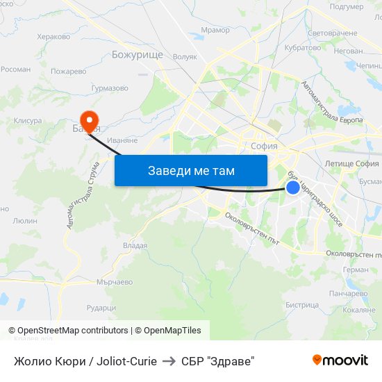 Жолио Кюри / Joliot-Curie to СБР "Здраве" map