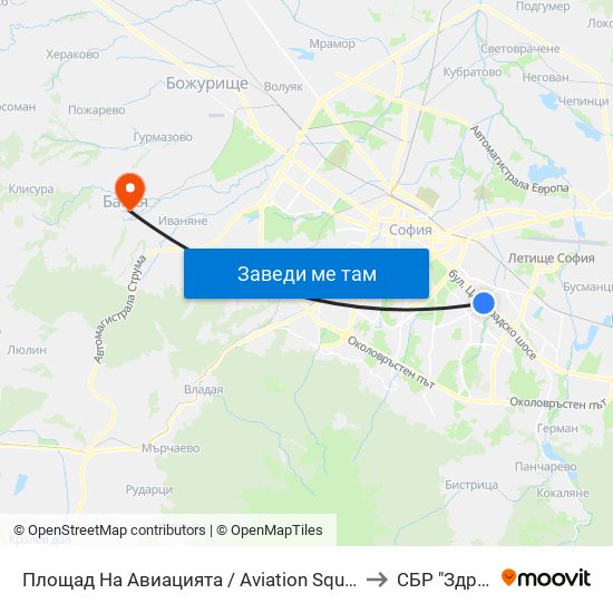 Площад На Авиацията / Aviation Square (1257) to СБР "Здраве" map