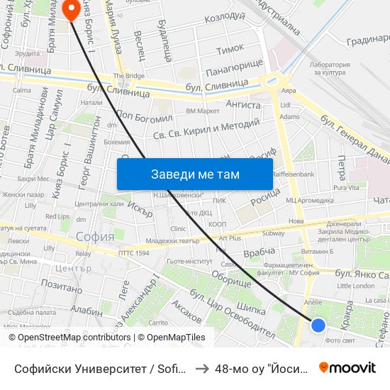 Софийски Университет / Sofia University (1697) to 48-мо оу "Йосиф Ковачев" map