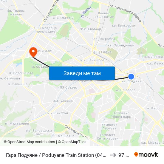 Гара Подуяне / Poduyane Train Station (0468) to 97 СУ map