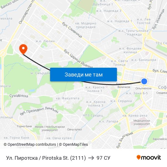 Ул. Пиротска / Pirotska St. (2111) to 97 СУ map