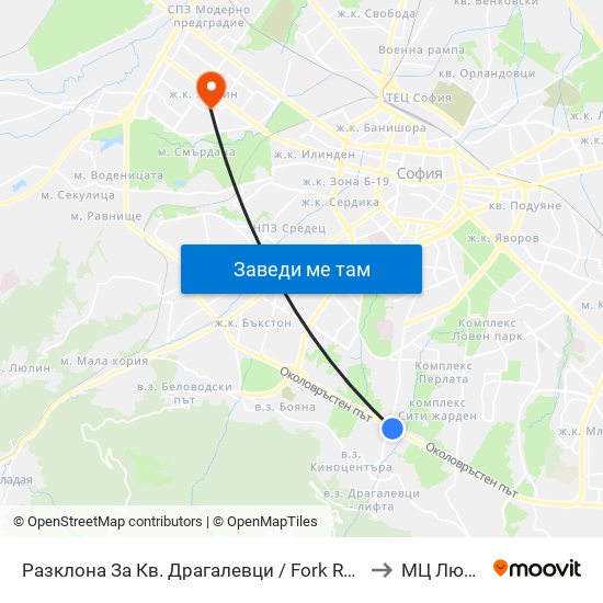 Разклона За Кв. Драгалевци / Fork Road To Dragalevtsi Qr. (1457) to МЦ Люлин Мед map