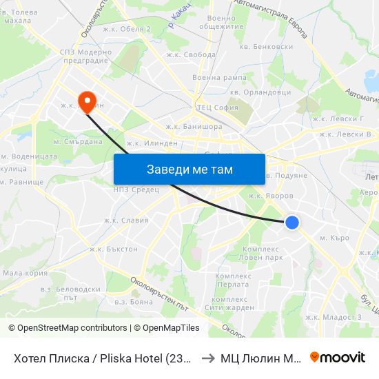 Хотел Плиска / Pliska Hotel (2326) to МЦ Люлин Мед map
