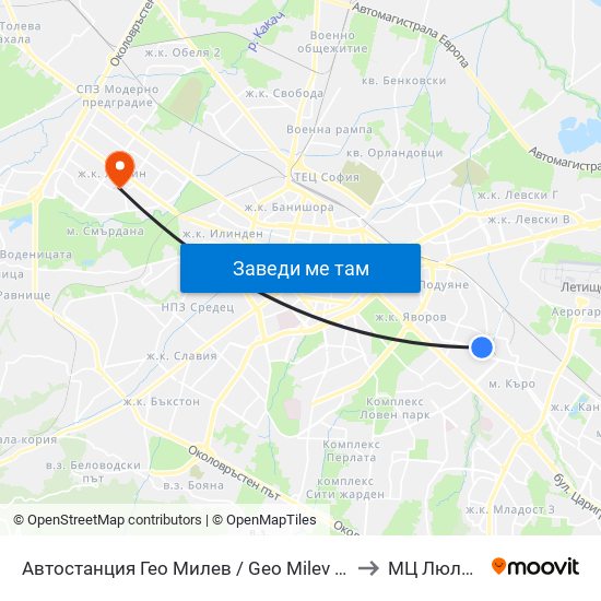 Автостанция Гео Милев / Geo Milev Bus Station (0052) to МЦ Люлин Мед map