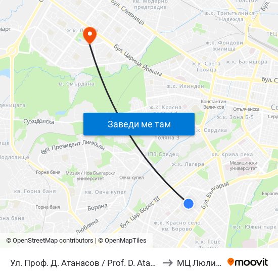 Ул. Проф. Д. Атанасов / Prof. D. Atanasov St. (2134) to МЦ Люлин Мед map