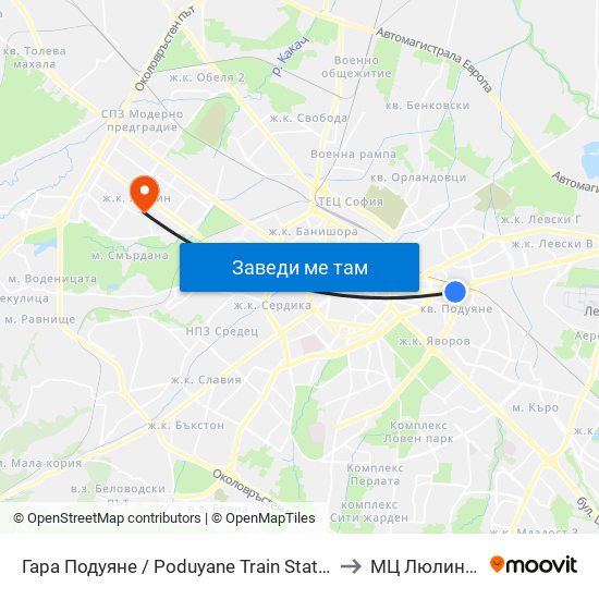 Гара Подуяне / Poduyane Train Station (0468) to МЦ Люлин Мед map