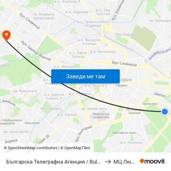 Българска Телеграфна Агенция / Bulgarian News Agency (1395) to МЦ Люлин Мед map