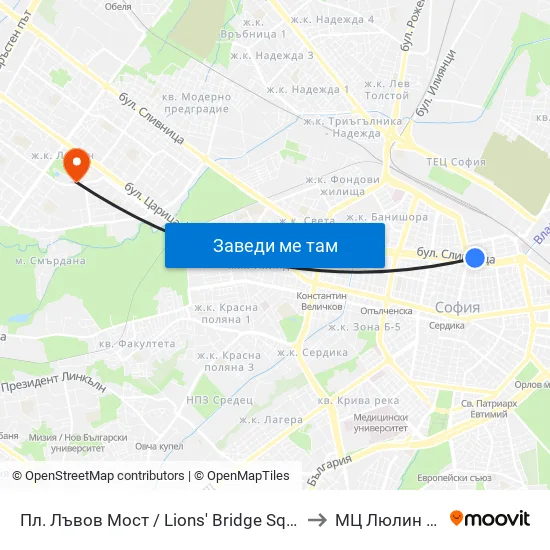 Ⓜ️ Пл. Лъвов Мост / Lions' Bridge Sq. (1275) to МЦ Люлин Мед map