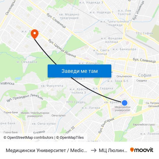Медицински Университет / Medical University to МЦ Люлин Мед map