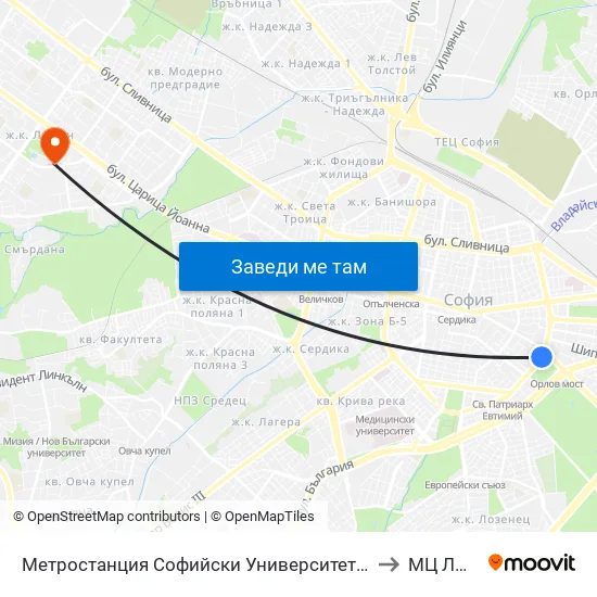 Ⓜ️🎓 Метростанция Софийски Университет / Sofia University Metro Station (2827) to МЦ Люлин Мед map