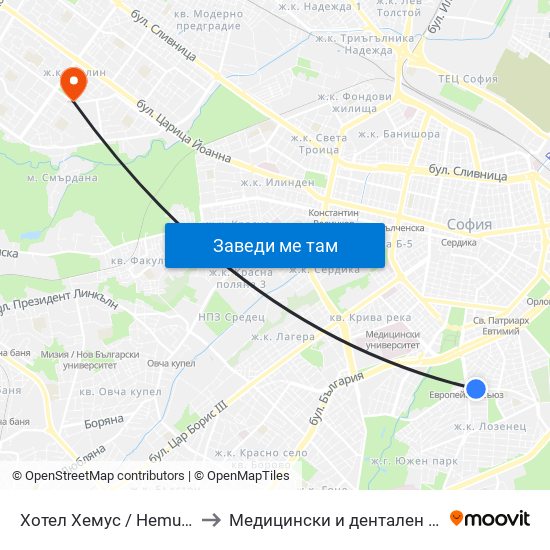 Хотел Хемус / Hemus Hotel (2329) to Медицински и дентален център МЕДИВА map