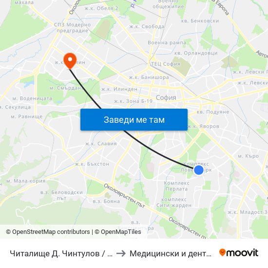 Читалище Д. Чинтулов / D. Chintulov Library (2365) to Медицински и дентален център МЕДИВА map