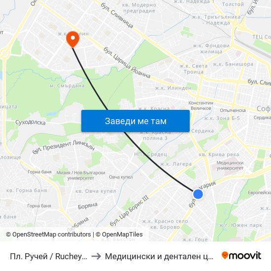Пл. Ручей / Ruchey Sq. (1301) to Медицински и дентален център МЕДИВА map