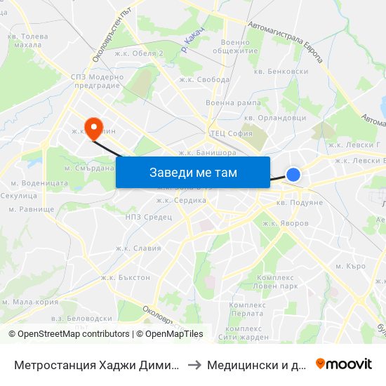 Метростанция Хаджи Димитър / Hadzhi Dimitar Metro Station (0303) to Медицински и дентален център МЕДИВА map