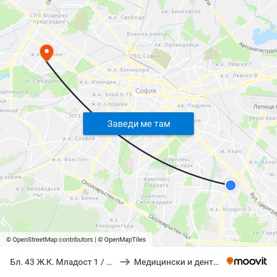 Бл. 43 Ж.К. Младост 1 / Bl. 43, Mladost 1 Qr. (0218) to Медицински и дентален център МЕДИВА map