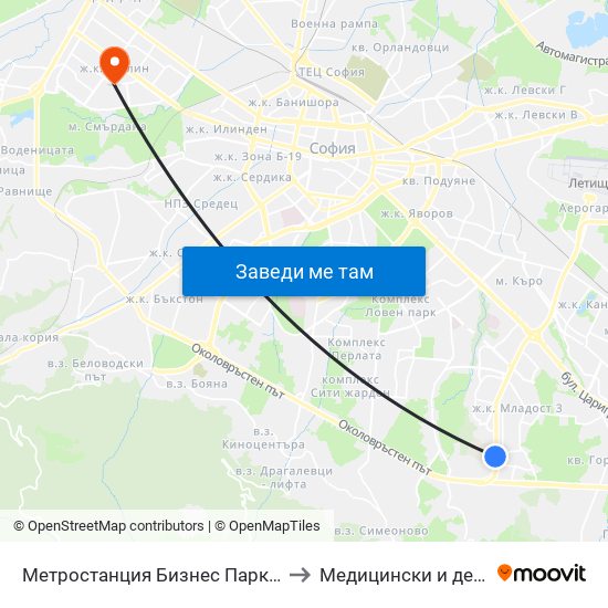 Метростанция Бизнес Парк / Business Park Metro Station (2490) to Медицински и дентален център МЕДИВА map