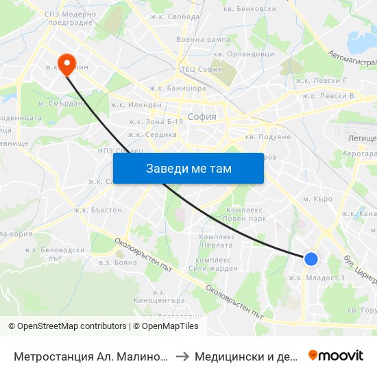 Метростанция Ал. Малинов / Al. Malinov Metro Station (0170) to Медицински и дентален център МЕДИВА map