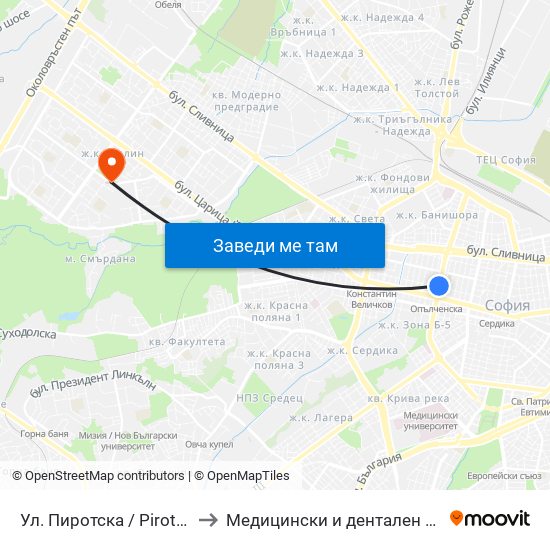 Ул. Пиротска / Pirotska St. (2111) to Медицински и дентален център МЕДИВА map