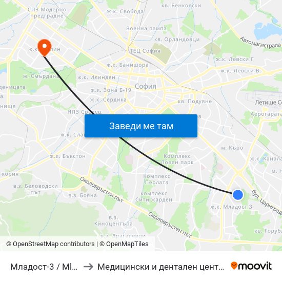 Младост-3 / Mladost 3 to Медицински и дентален център МЕДИВА map