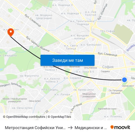 Метростанция Софийски Университет / Sofia University Metro Station (2827) to Медицински и дентален център МЕДИВА map